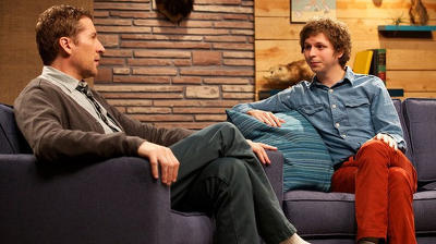 Michael Cera Wears a Blue Denim Shirt & Red Pants Summary