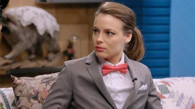 Gillian Jacobs Wears a Gray Checkered Suit and a Red Bow Tie Summary